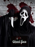 Halloween-Emporium Ghost Face mask with attached black hood and prop knife for a classic slasher horror costume.