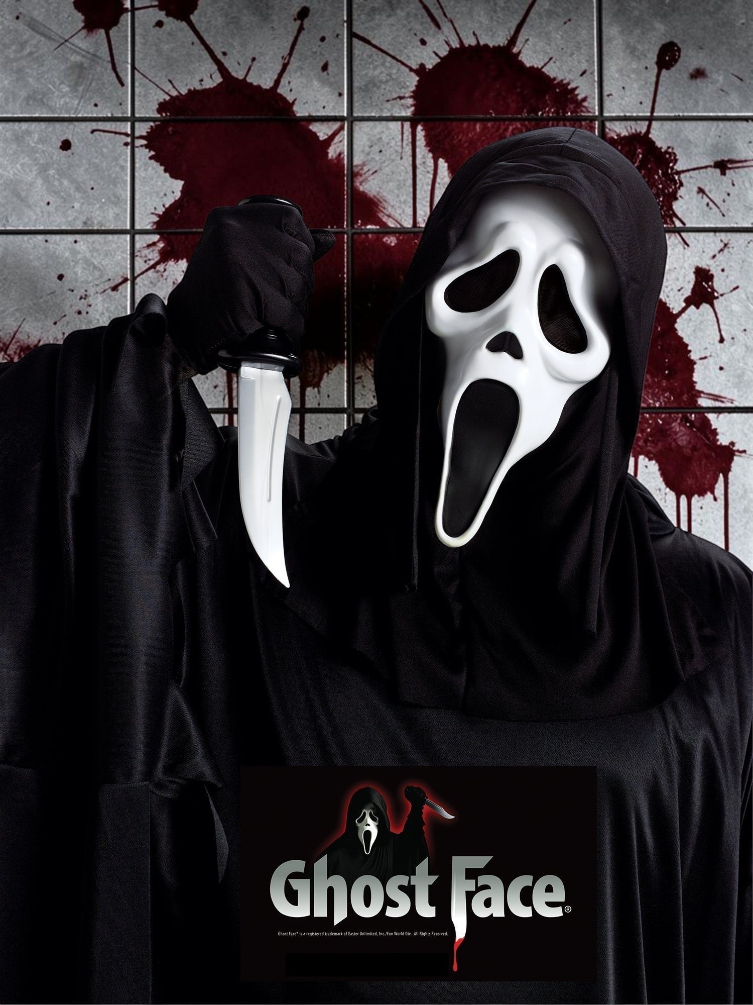 Halloween-Emporium Ghost Face mask with attached black hood and prop knife for a classic slasher horror costume.