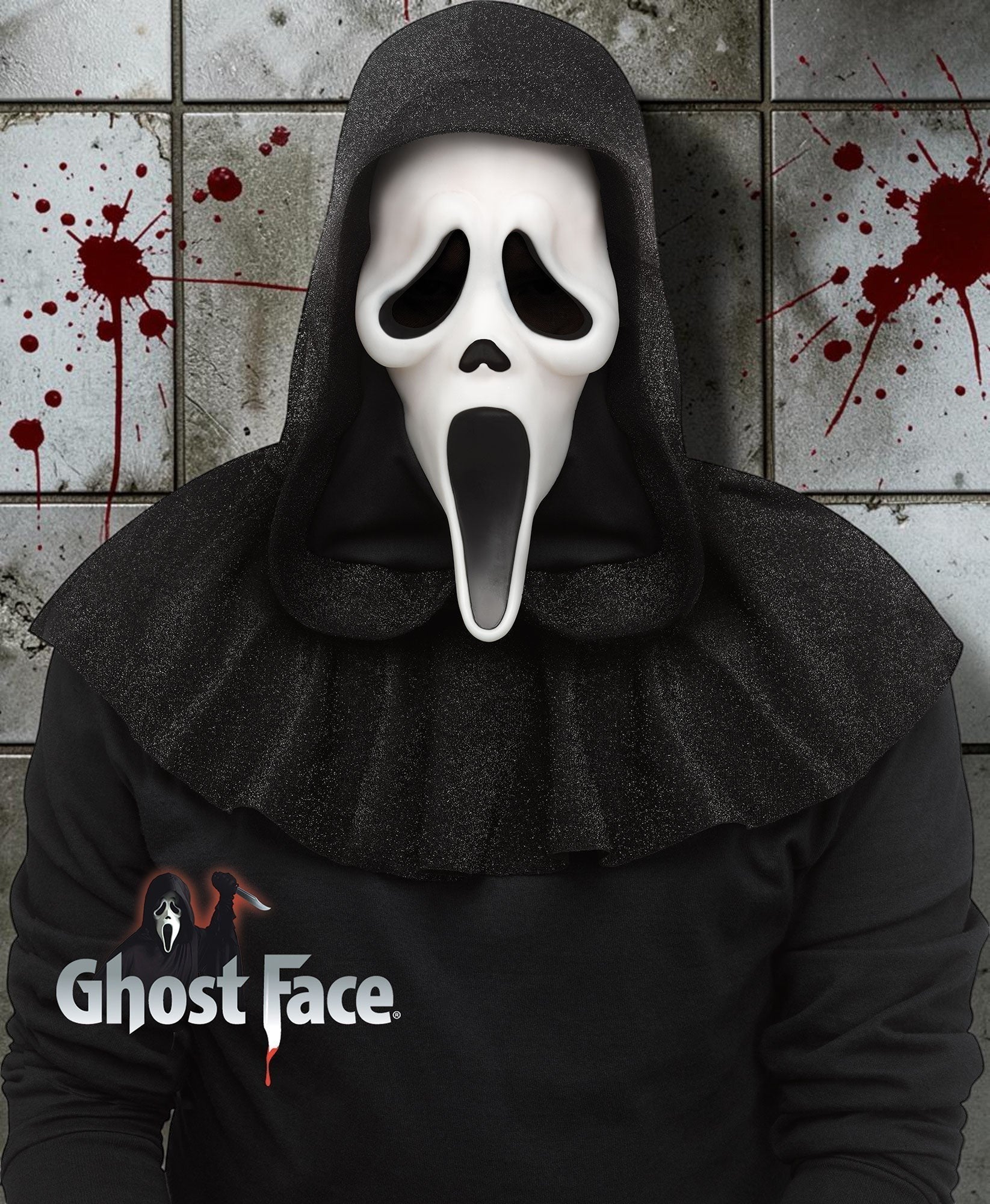 Halloween-Emporium Ghost Face 25th Anniversary movie mask with black fabric hood against a blood-splattered wall