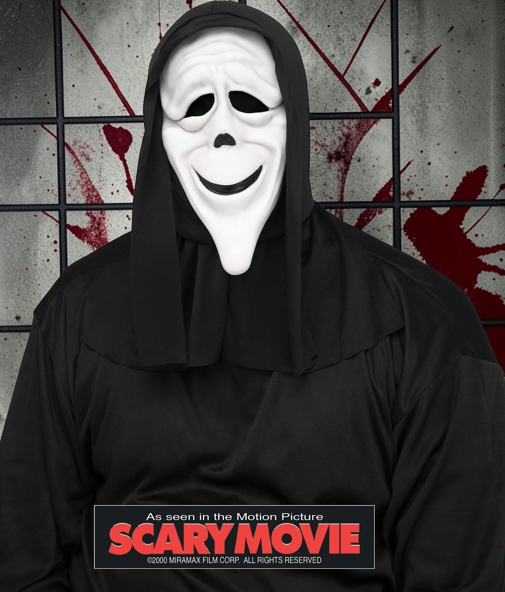Halloween-Emporium Scary Movie Ghost Face mask with attached black hood for a comedic horror costume look