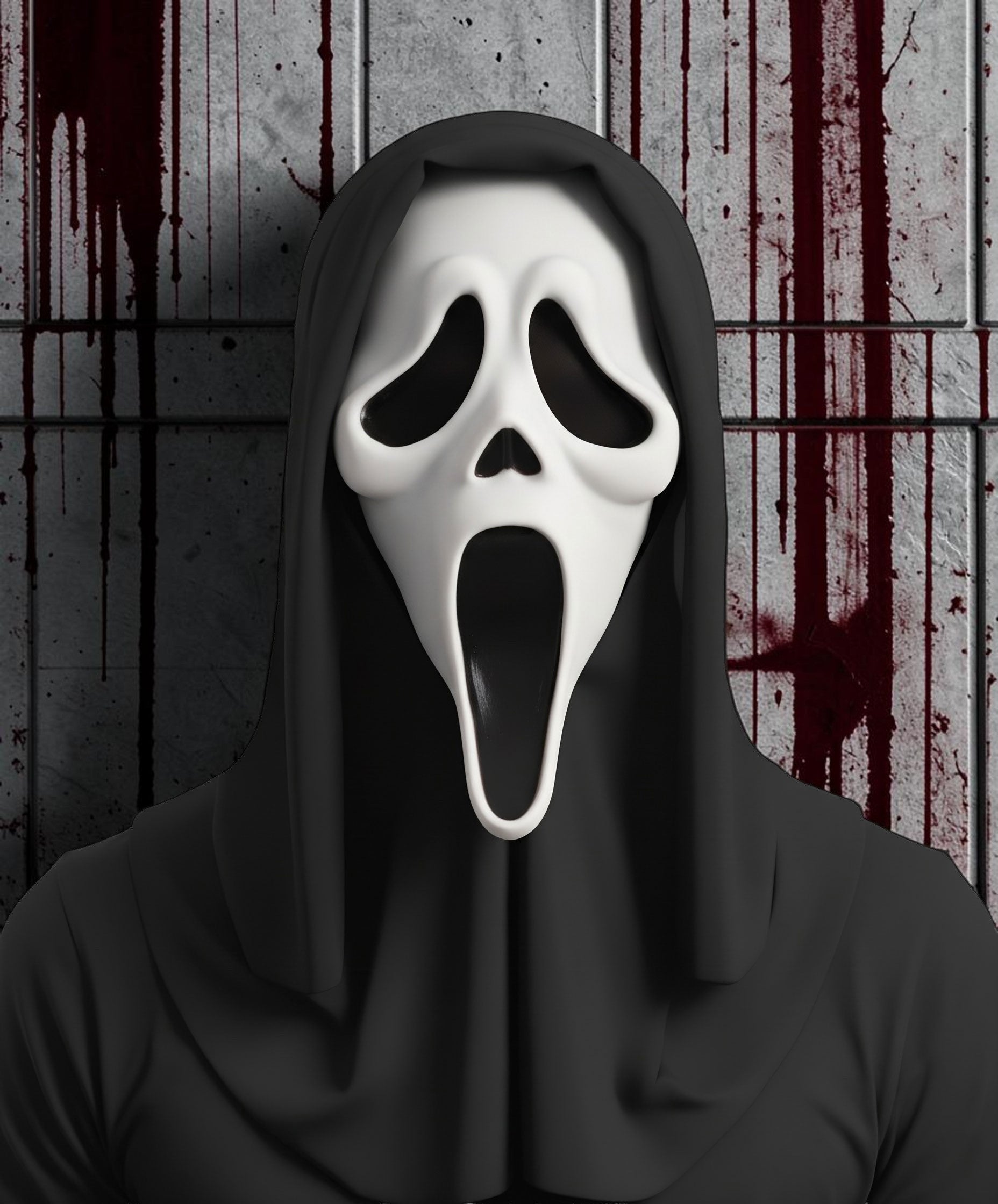 Halloween-Emporium classic horror movie Ghost Face mask with attached black hood against a blood-splattered wall.