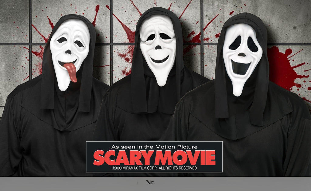 Halloween-Emporium Scary Movie Ghost Face masks with three different funny expressions and attached black hoods