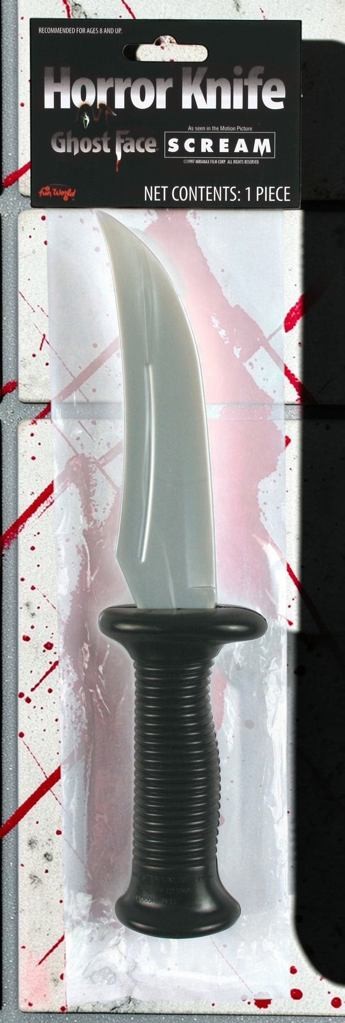 Halloween-Emporium Ghost Face prop knife in original packaging with a silver blade and textured black handle