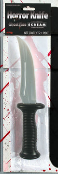 Halloween-Emporium Ghost Face prop knife in original packaging with a silver blade and textured black handle