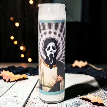 Halloween-Emporium 8-inch white wax prayer candle featuring Ghostface from Scream in saint-like pop art on a glass jar.