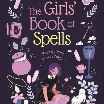 Halloween-Emporium Girls' Book of Spells paperback cover with magical illustrations of crystals, a cauldron, and girl