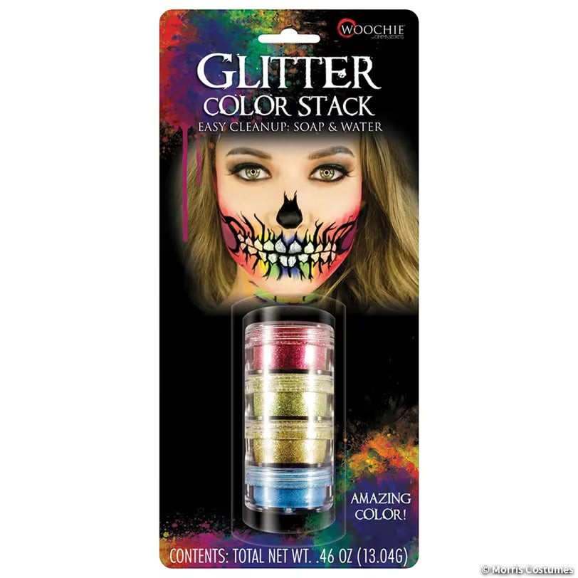 Halloween-Emporium Woochie glitter color stack for FX makeup, featuring four vibrant shades for face painting.