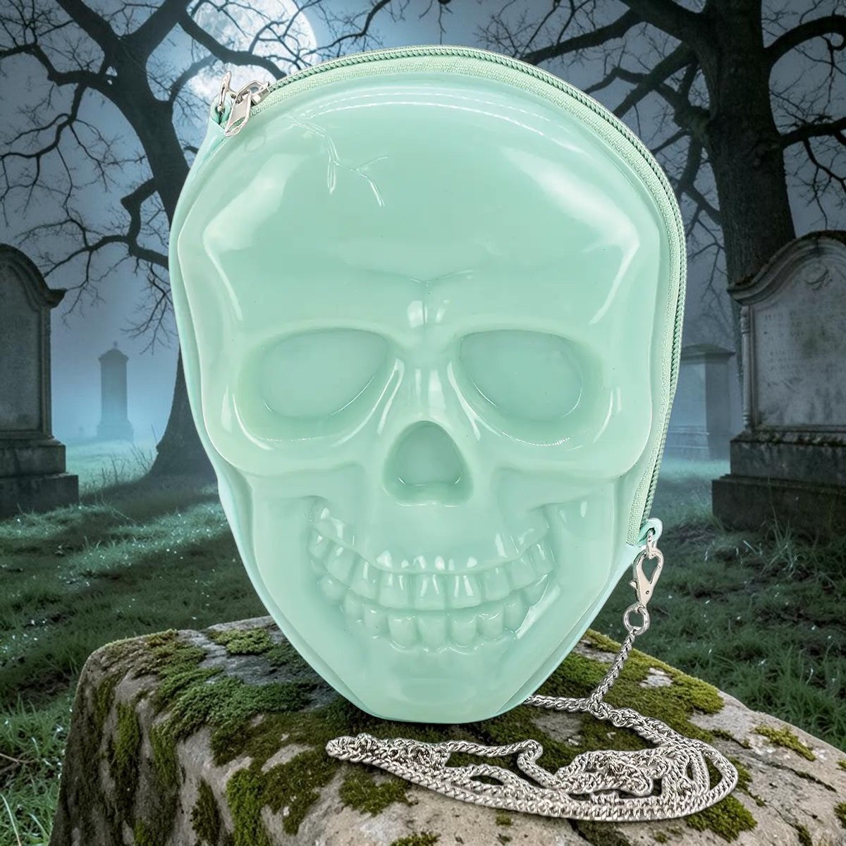 Halloween-Emporium glow-in-the-dark skull crossbody bag in mint green vinyl with a detachable silver chain strap.