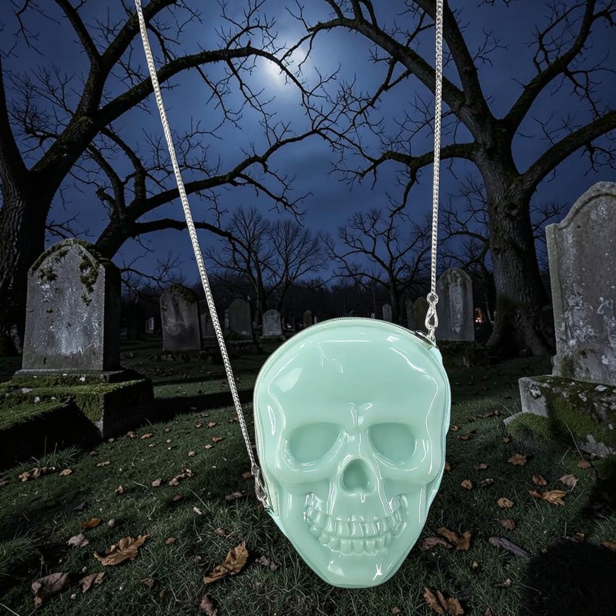 Halloween-Emporium glow-in-the-dark skull crossbody bag in light green vinyl with a silver chain strap in a graveyard.