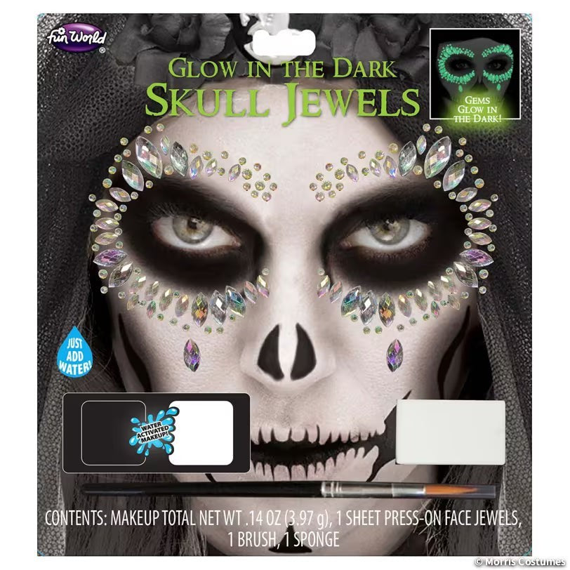 Halloween-Emporium glow in the dark skull face jewels and water-activated makeup kit for costume makeup