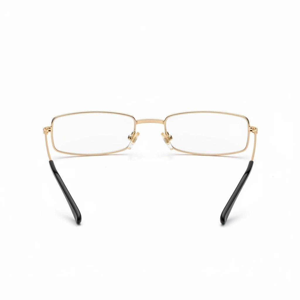 Halloween-Emporium rectangular costume glasses with gold metal frames and clear lenses, viewed from the back.