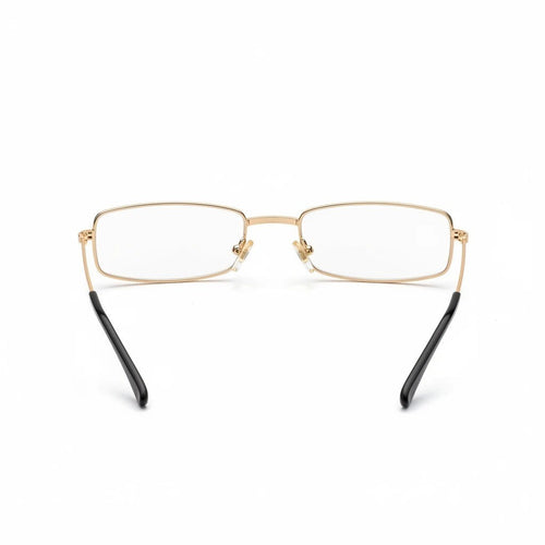 Halloween-Emporium rectangular costume glasses with gold metal frames and clear lenses, viewed from the back.