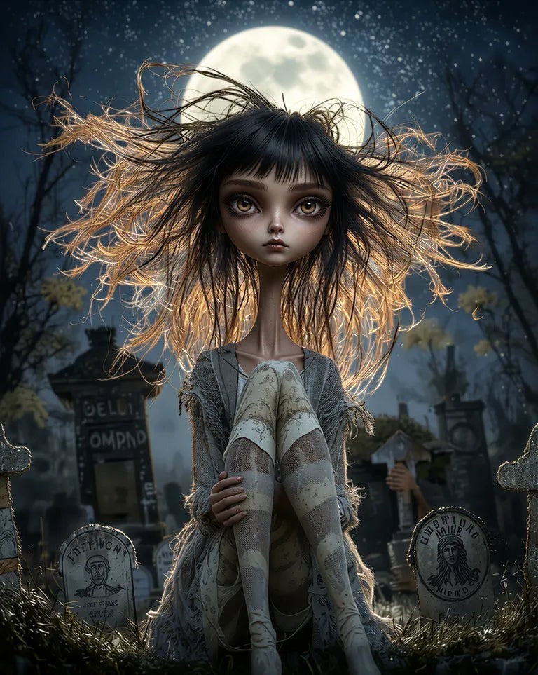 Halloween-Emporium gothic girl illustration on artisanal greeting card featuring a moonlit graveyard and distressed paper