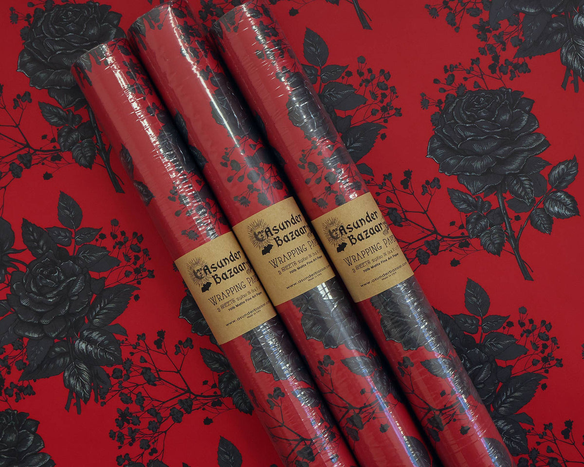 Halloween-Emporium gothic wrapping paper rolls with dark intricate rose pattern on red matte fine art paper