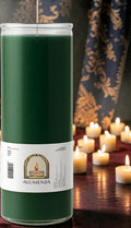 Halloween-Emporium 7 day green wax candle in a tall glass jar, perfect for ritual or decorative use.