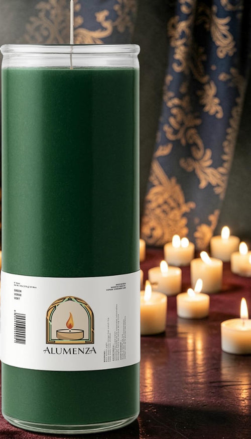 Halloween-Emporium 7 day green wax candle in a tall glass jar, perfect for ritual or decorative use.