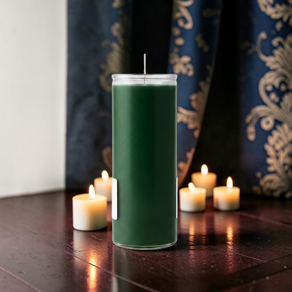 Halloween-Emporium 7 day green pillar candle in a glass jar, set on a dark wooden surface with small tea lights.