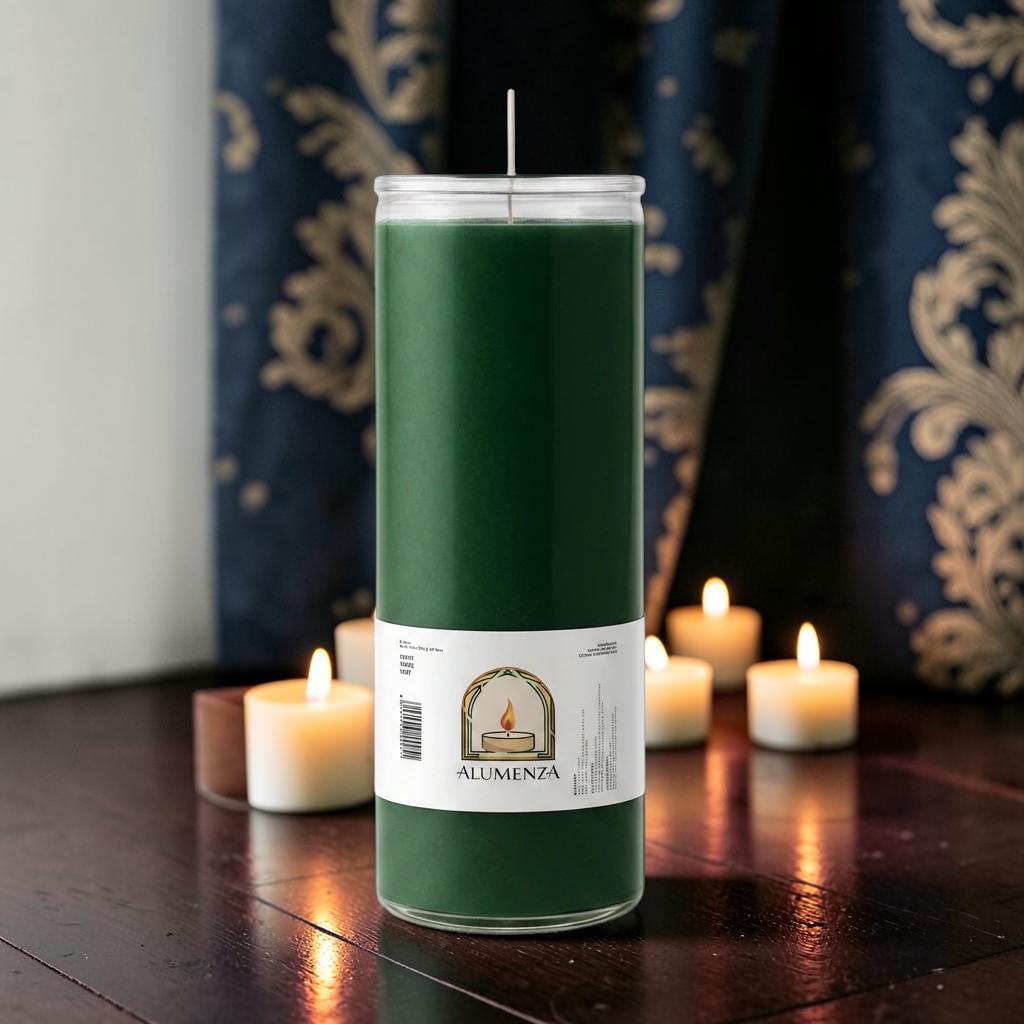 Halloween-Emporium 7 day green pillar candle in a 2x8 inch glass jar, set on a dark wooden surface with tea lights.