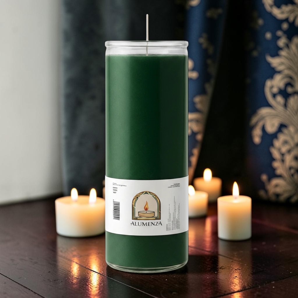 Halloween-Emporium 7 day green pillar candle in a glass jar, 2 by 8 inches, set against a dark moody background.
