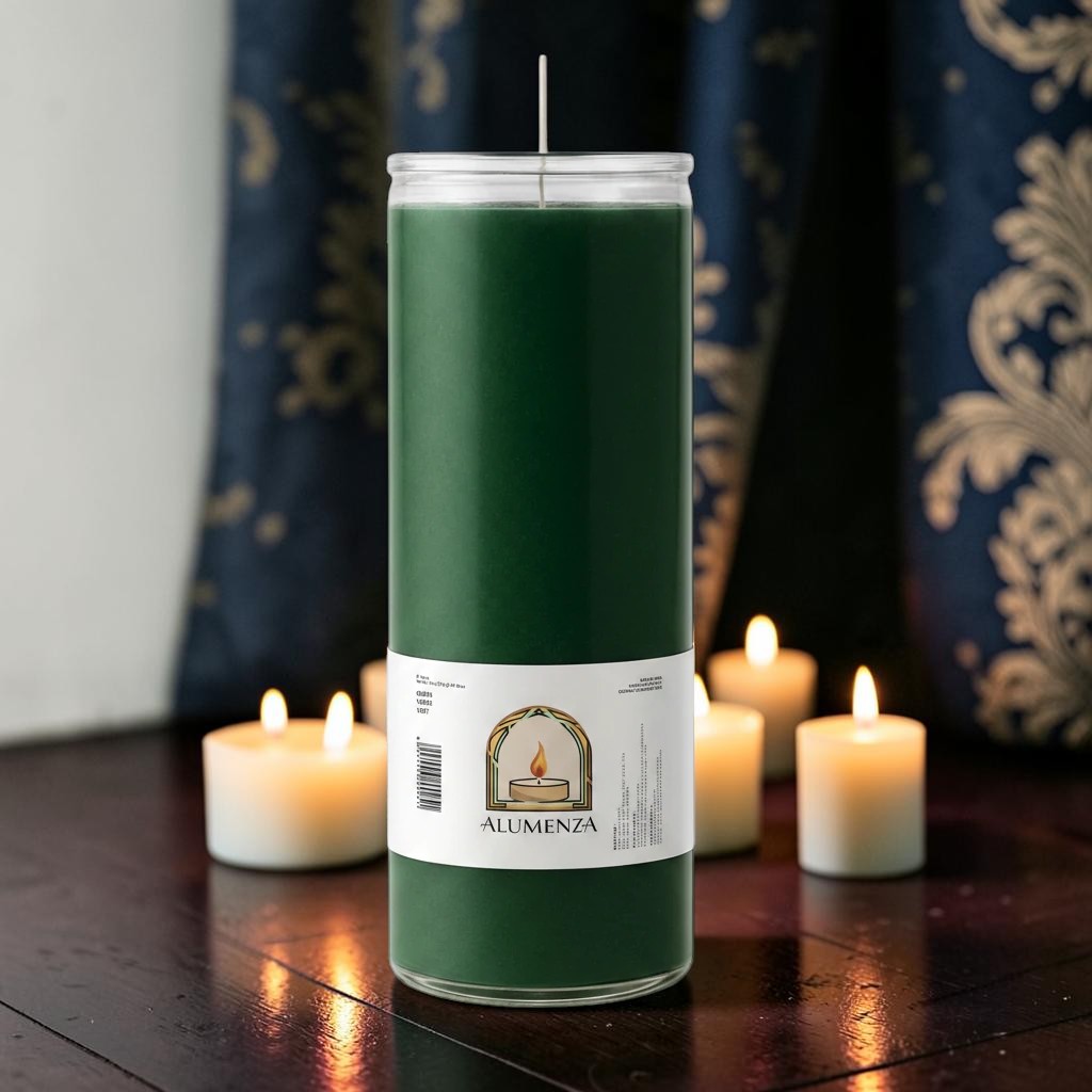 Halloween-Emporium 7 day green pillar candle in a glass jar, 2 by 8 inches, set against a dark, candlelit background.