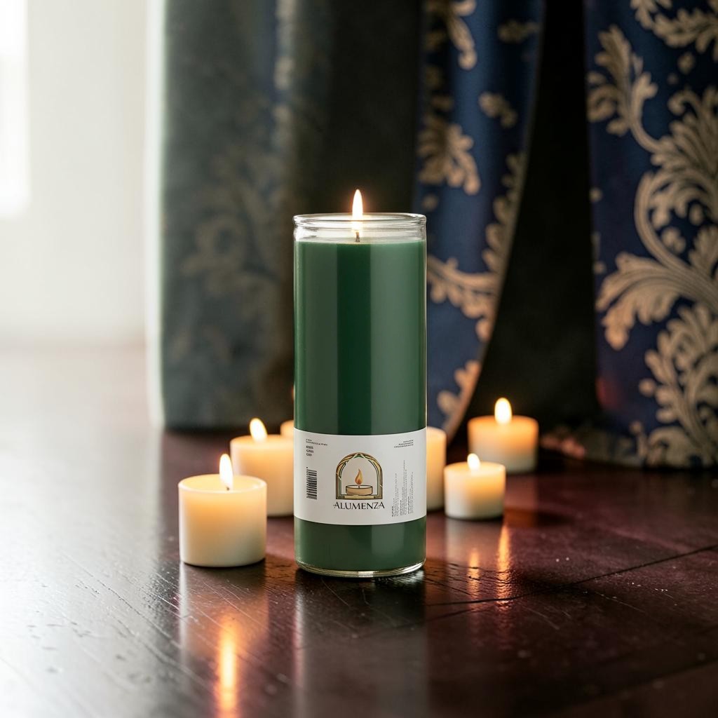 Halloween-Emporium 7 day green pillar candle in a glass jar, surrounded by small white tea lights on a wooden floor.