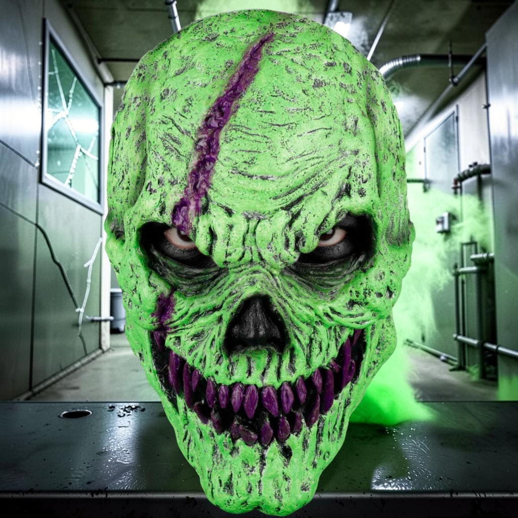 Halloween-Emporium neon green monster latex mask with purple fangs and textured skin in a spooky industrial setting.