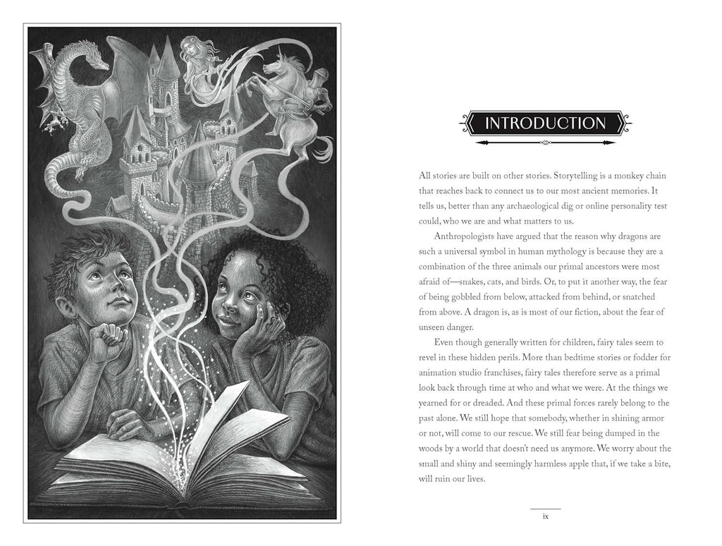 Halloween-Emporium Grimm and Grimmer book page featuring an illustration of two children reading a magical storybook.