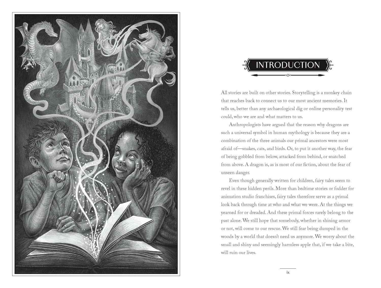 Halloween-Emporium Grimm and Grimmer book page featuring an illustration of two children reading a magical storybook.