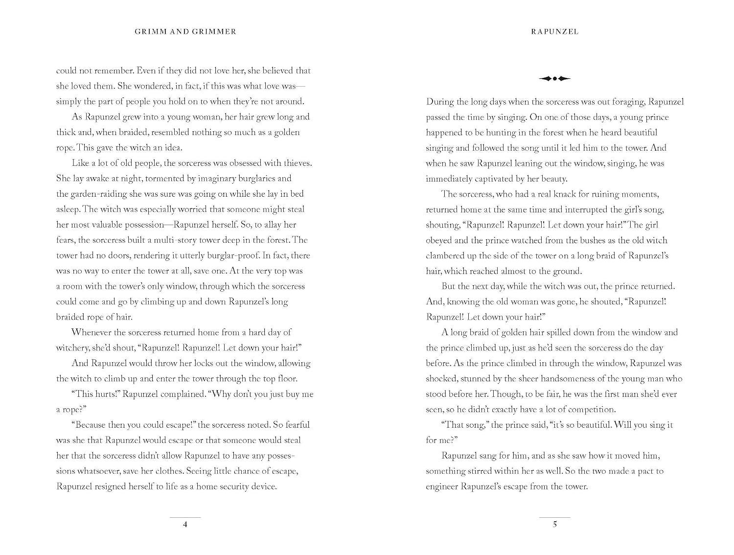 Halloween-Emporium Grimm and Grimmer book pages showing the Rapunzel fairy tale text in a classic serif font