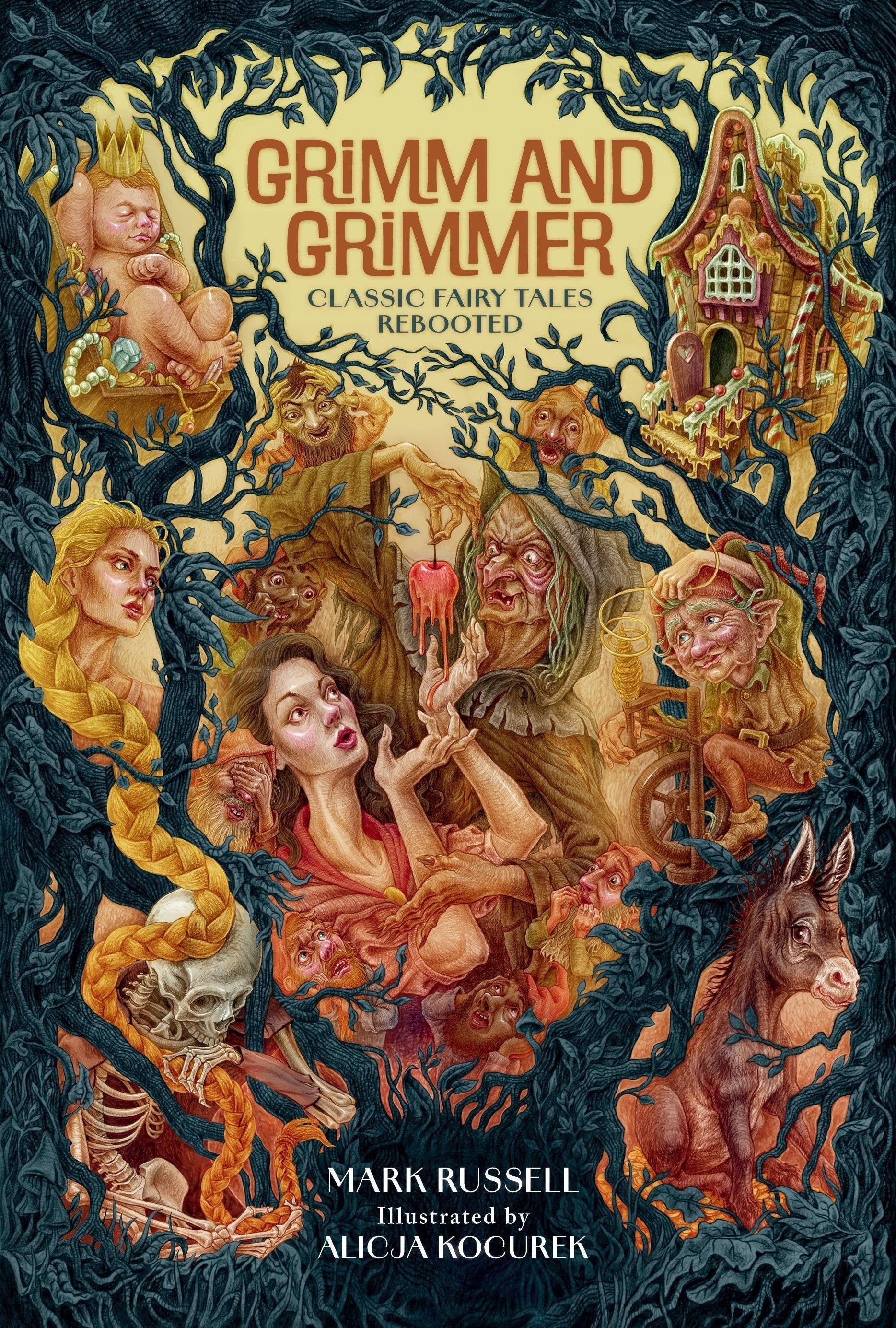 Halloween-Emporium Grimm and Grimmer hardcover book featuring intricate, dark fantasy illustrations of fairy tales.
