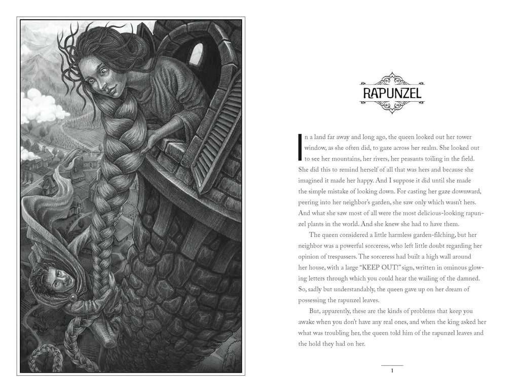 Halloween-Emporium Grimm and Grimmer book page featuring a detailed black and white illustration of Rapunzel in a tower