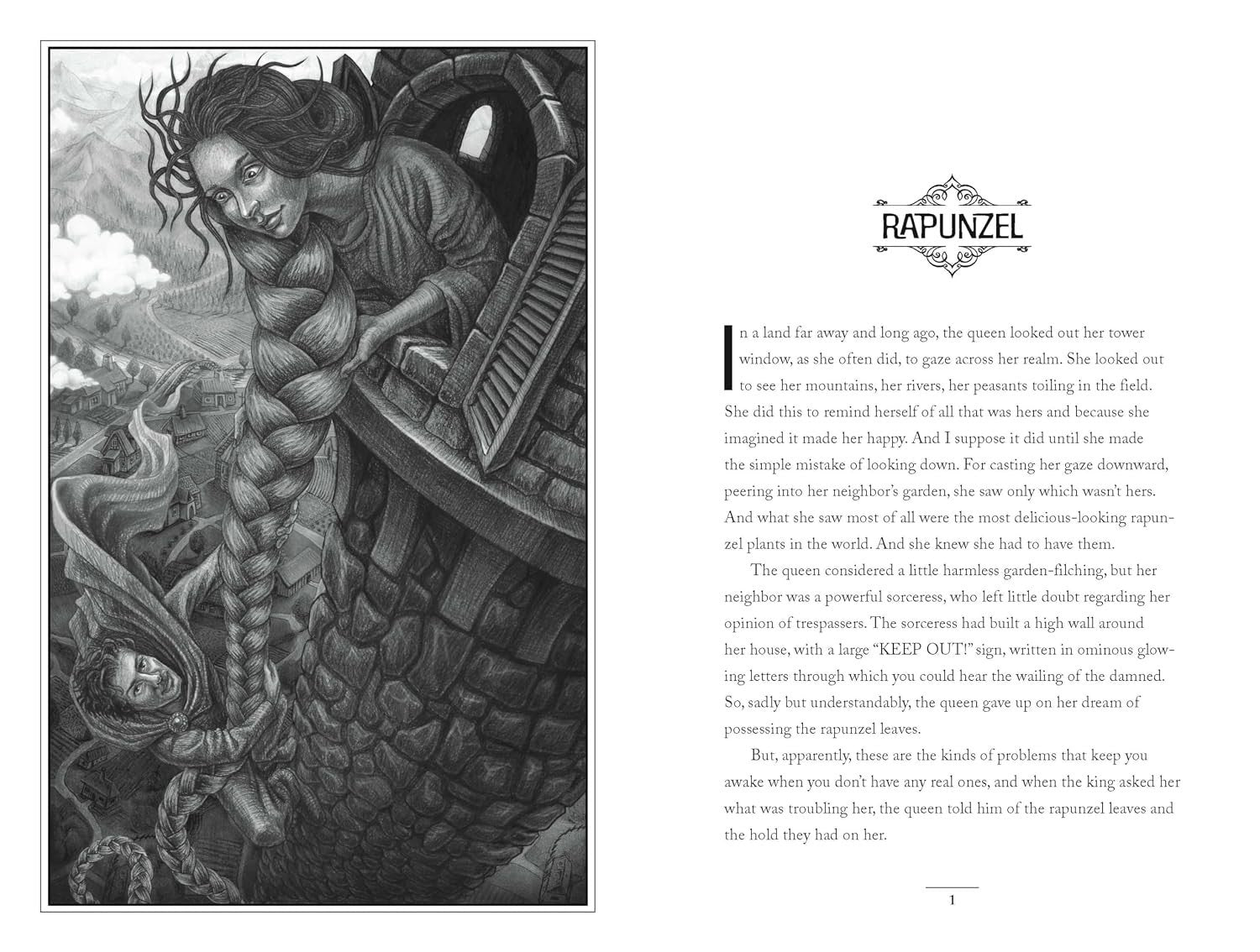 Halloween-Emporium Grimm and Grimmer book page featuring a detailed black and white illustration of Rapunzel in a tower