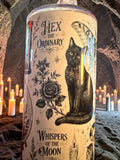 Halloween-Emporium 30oz Grimoire Tumbler featuring a black cat, rose, and occult text in a candlelit setting.