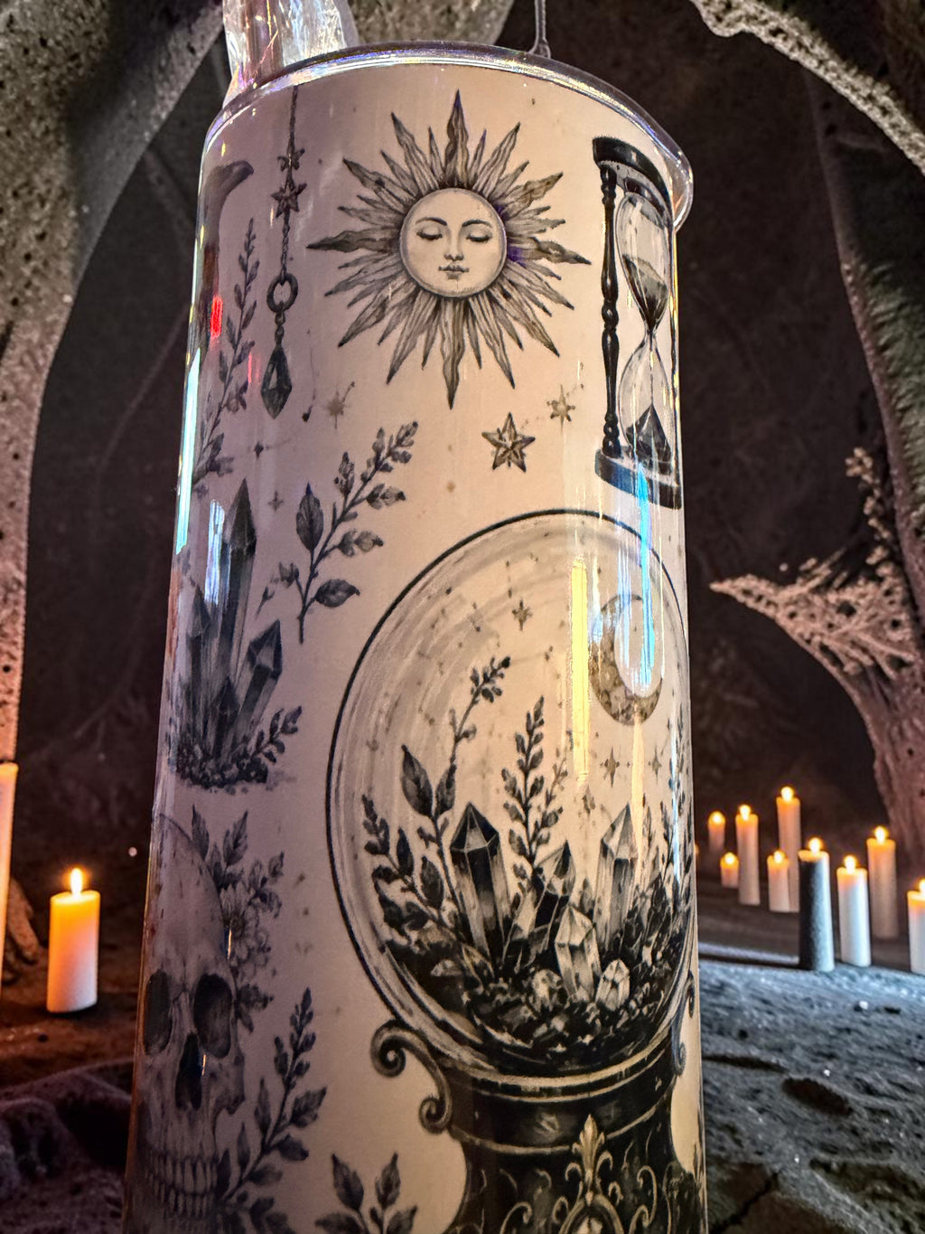 Halloween-Emporium 30oz tumbler featuring occult grimoire art with sun, hourglass, and crystal ball illustrations.