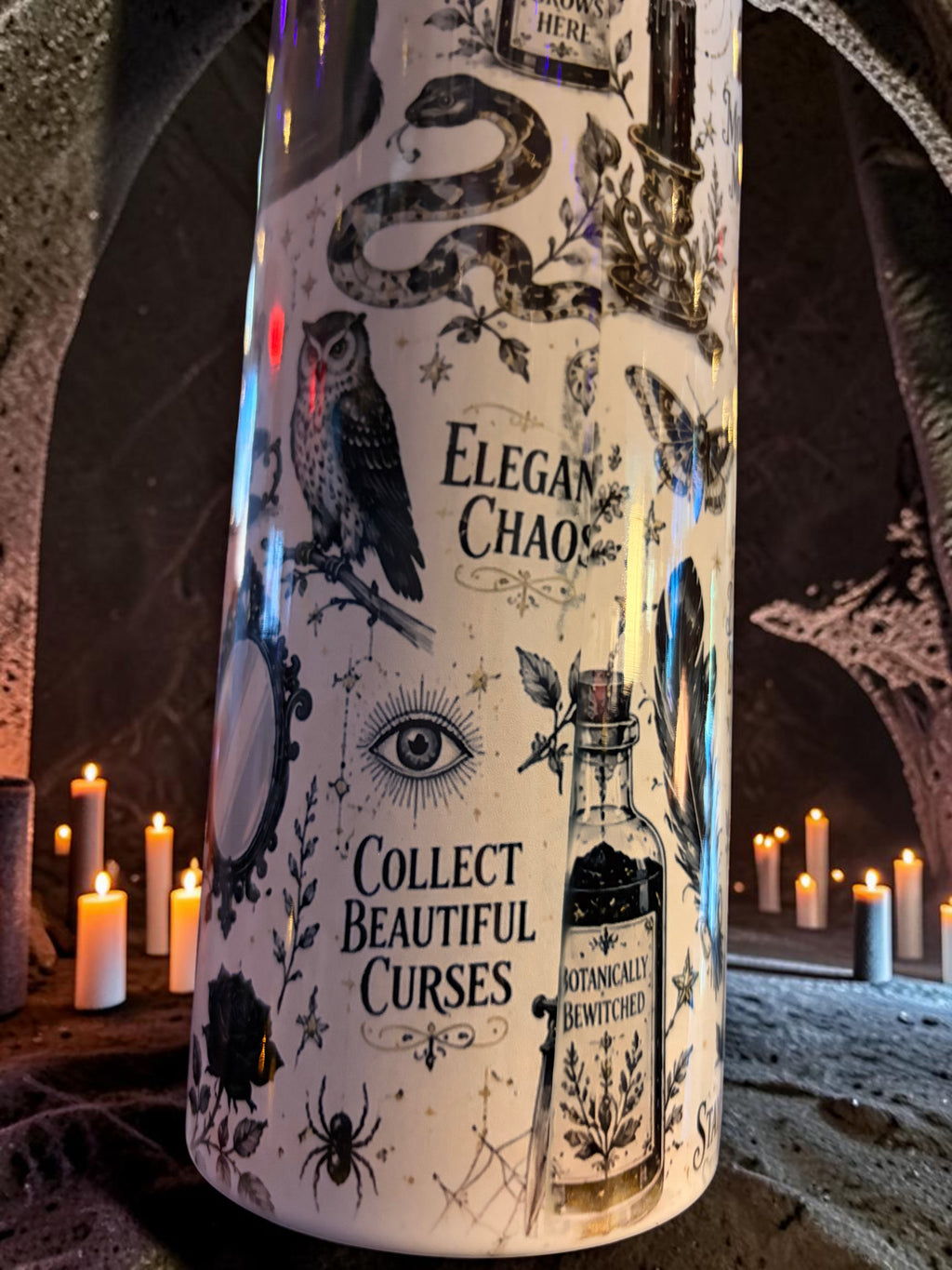 Halloween-Emporium 30oz Grimoire tumbler featuring occult illustrations of an owl, snake, and potion bottles.