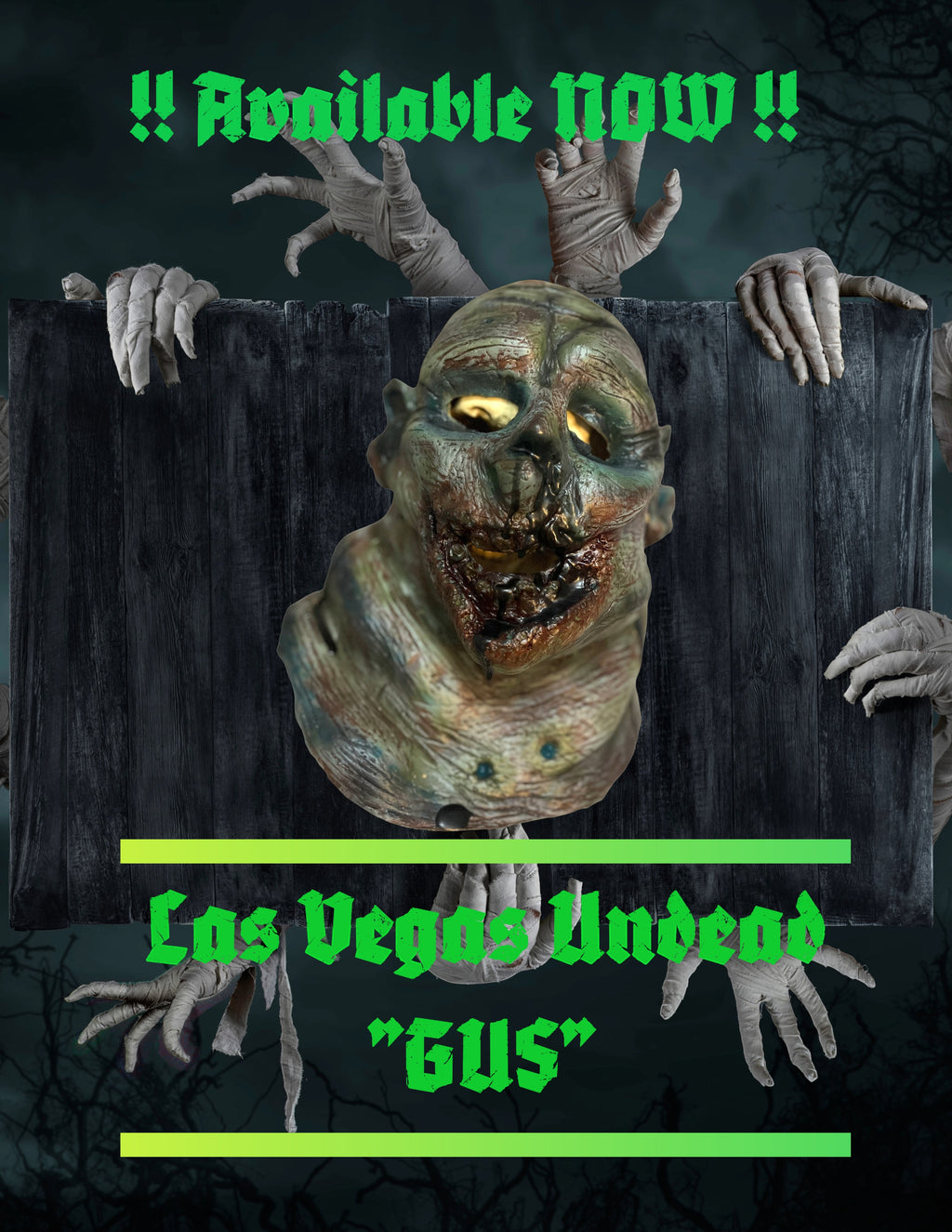 Halloween-Emporium Las Vegas Undead Gus hand-painted latex zombie mask with glowing eyes and realistic decay details.