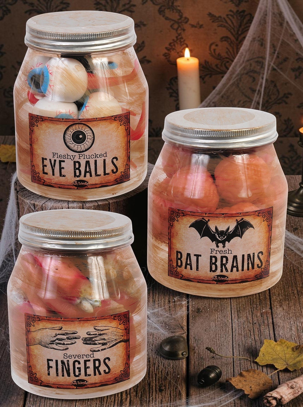 Halloween-Emporium decorative specimen jars featuring eyeballs, bat brains, and severed fingers with vintage labels.