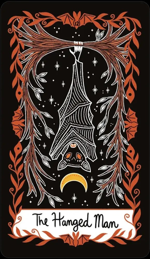 Halloween-Emporium Happy Halloween Tarot card featuring a hanging bat illustration in a vintage candy corn palette.