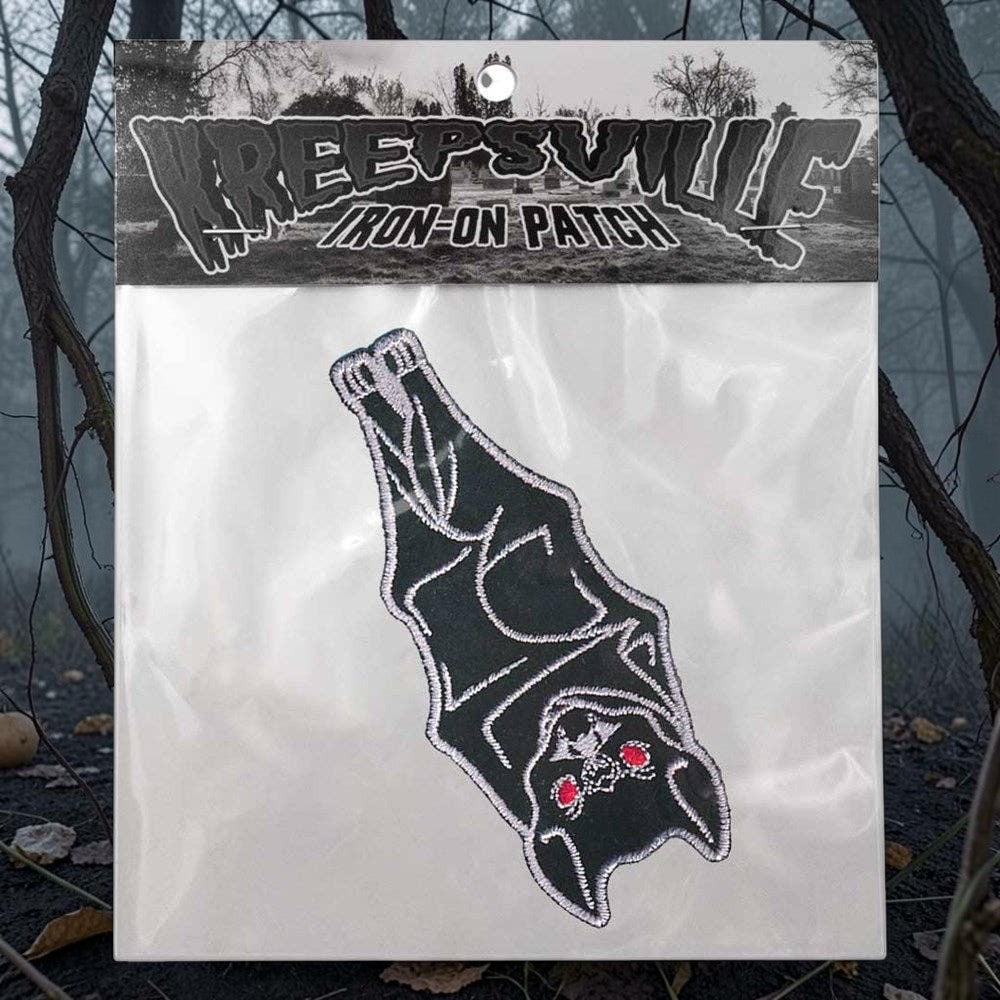 Halloween-Emporium Kreepsville 666 hanging bat embroidered iron-on patch with black silhouette and red eyes