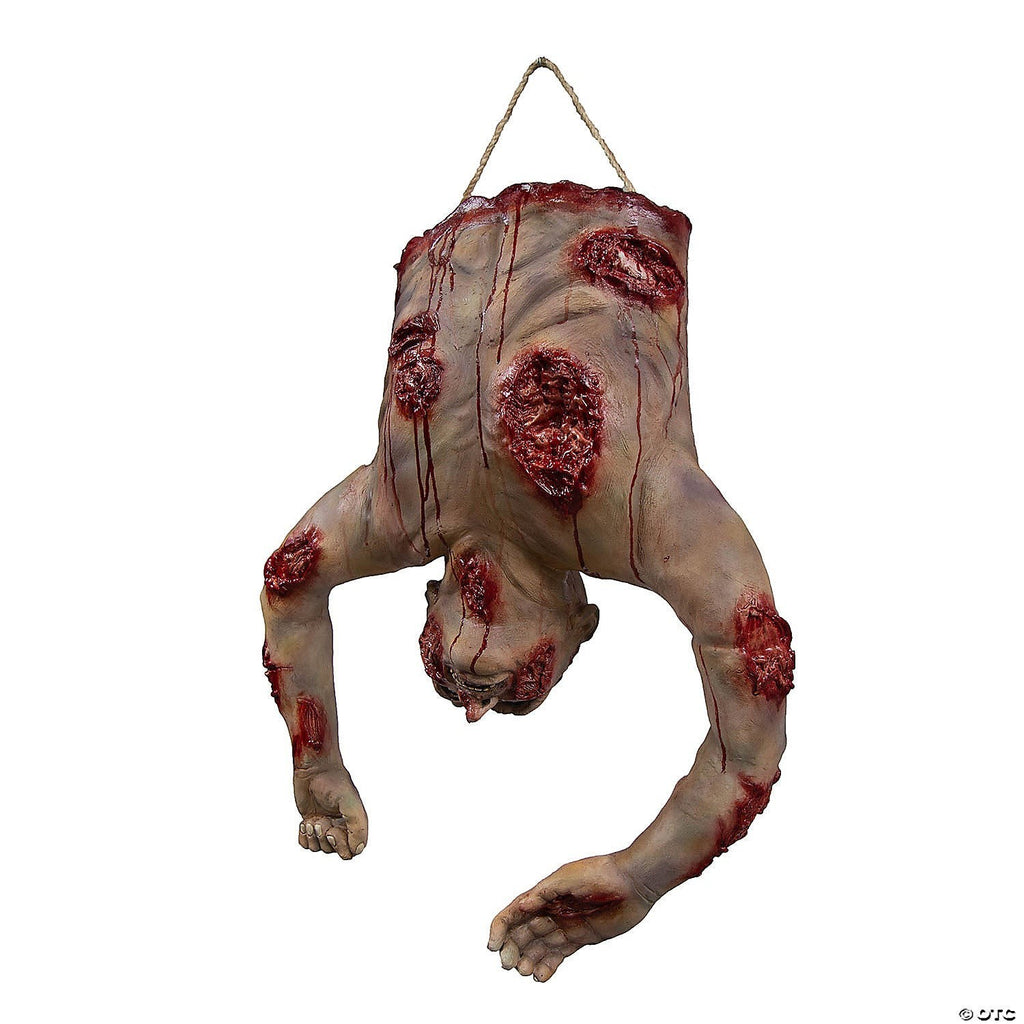 Halloween-Emporium hanging butcher shop human torso prop with realistic blood-splattered wounds and pale skin.