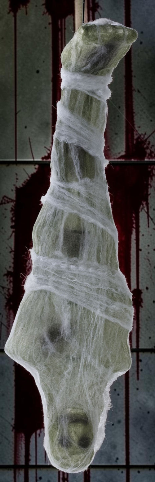 Halloween-Emporium 72-inch hanging cocooned skeleton prop wrapped in eerie translucent white webbing for haunted decor