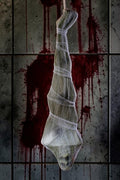 Halloween-Emporium 72-inch hanging skeleton wrapped in translucent white webbing against a bloody tiled background.