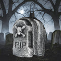Halloween-Emporium 4-piece hanging tombstone set with RIP lettering and skull motif in a mesh bag for spooky decor.