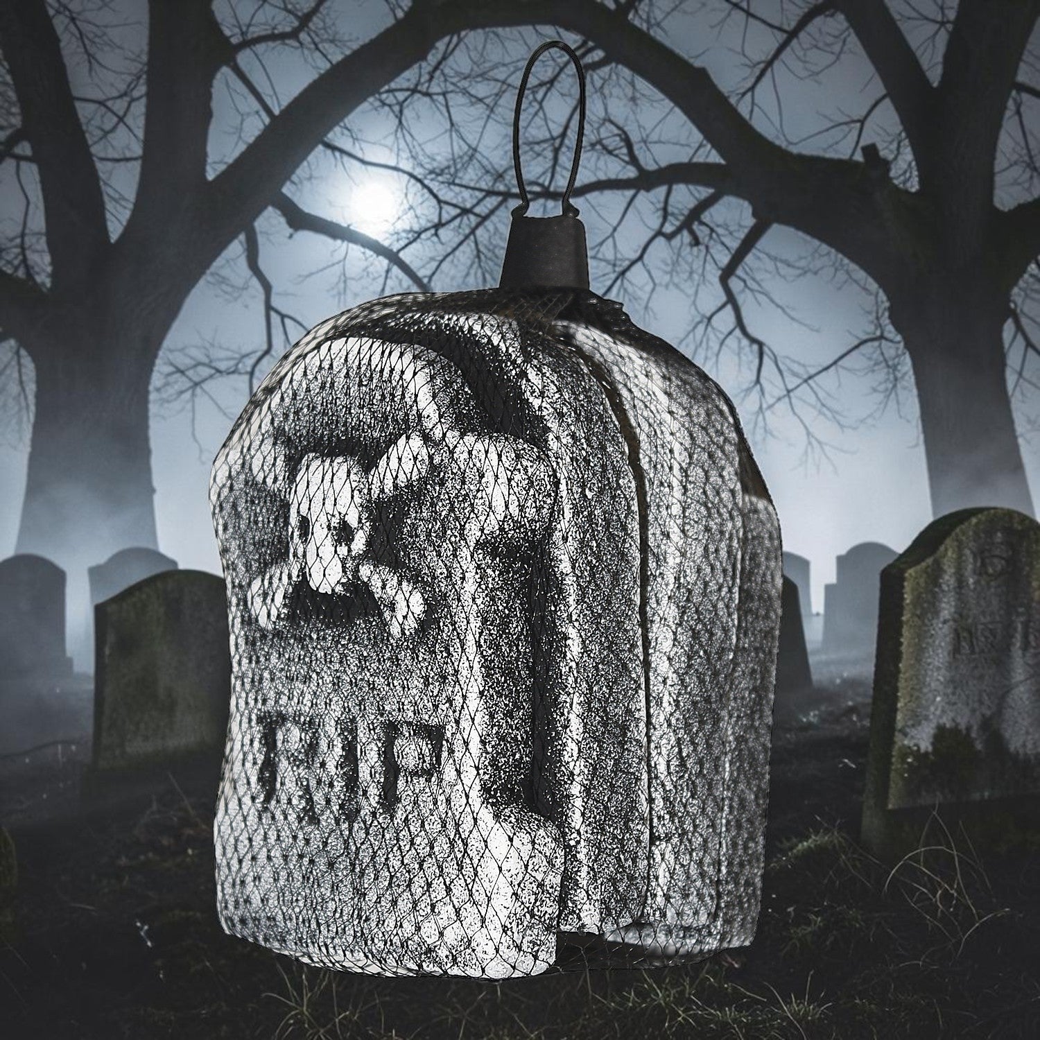 Halloween-Emporium 4-piece hanging tombstone set with RIP lettering and skull motif in a mesh bag for spooky decor.