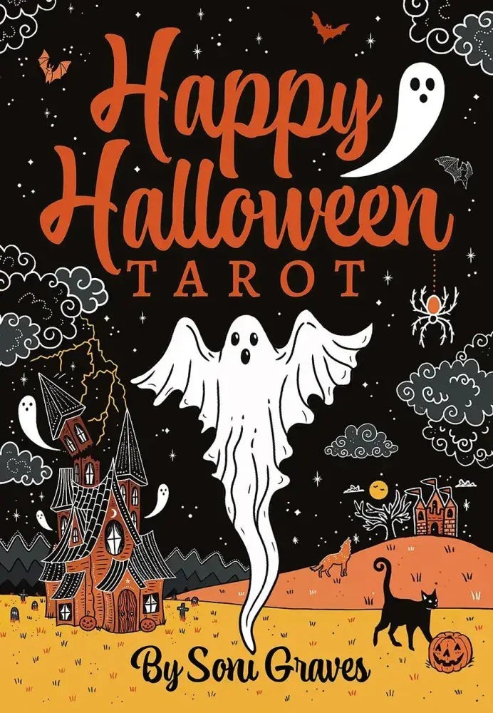 Halloween-Emporium Happy Halloween Tarot deck box featuring vintage-style ghost, haunted house, and cat illustrations.