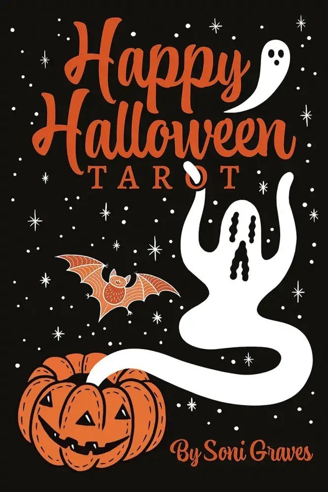 Halloween-Emporium Happy Halloween Tarot deck box featuring a white ghost, orange pumpkin, and bat on black background