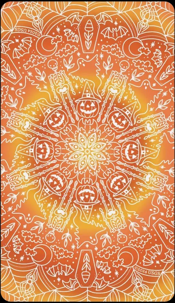 Halloween-Emporium Happy Halloween Tarot card back featuring orange candy corn gradient with white skeleton and pumpkin art