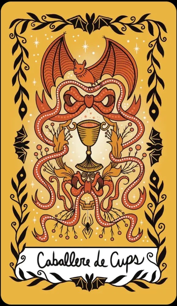 Halloween-Emporium Happy Halloween Tarot card featuring a golden chalice, bat, and ribbons in candy corn colors.