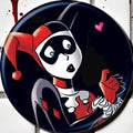 Halloween-Emporium 1.25-inch round Harley Quinn 14B variant button featuring a classic DC Batman comic art style