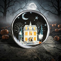 Halloween-Emporium ceramic dessert plate featuring a haunted house, ghosts, and moon on a black background.